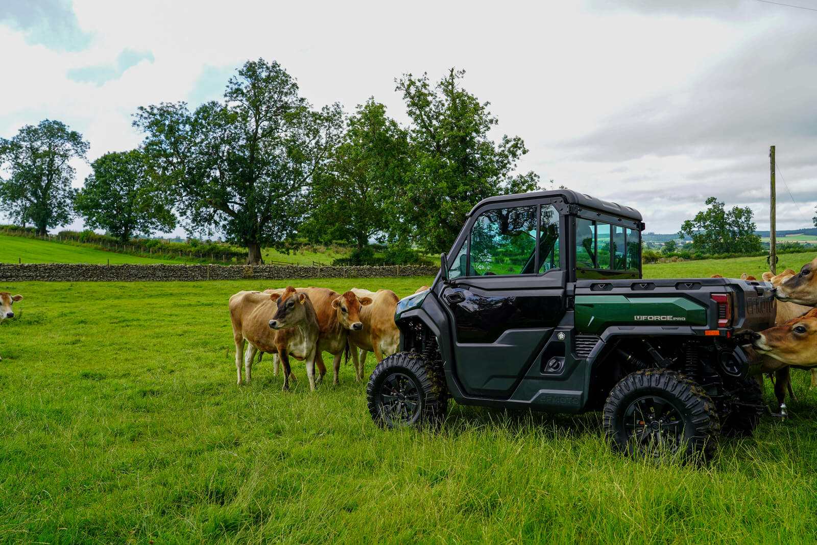 An off-road UFORCE U10 PRO sits serenely in a grassy field, surrounded by curious cows. Towering trees and a sturdy stone wall complete the picturesque backdrop.