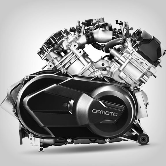 A side view of a CFMOTO UFORCE 1000 motorcycle engine, showcasing its mechanical components and casing against a plain background.