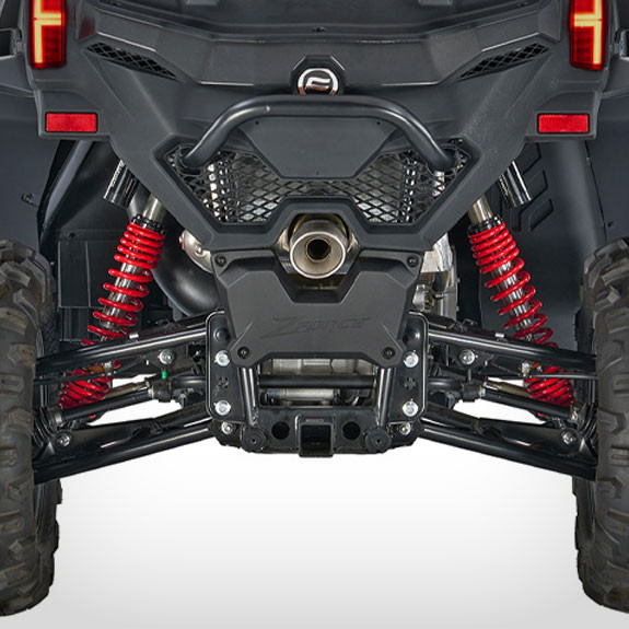 Rear view of a zforce 950 sport off-road vehicle showcasing its suspension system, red shock absorbers, exhaust pipe, and rugged tires.