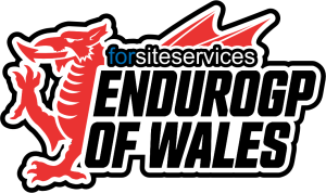 Logo for EnduroGP of Wales featuring a red dragon on the left, with black and white text reading "forsiteservices ENDUROGP OF WALES"—perfect for showcasing Welsh pride at this premier Enduro event.