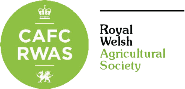 Logo of the Royal Welsh Agricultural Society, featuring a green circle with "CAFC RWAS" and a crown, alongside the society's name in black and green text—symbolising its connection to the renowned Royal Welsh Show.