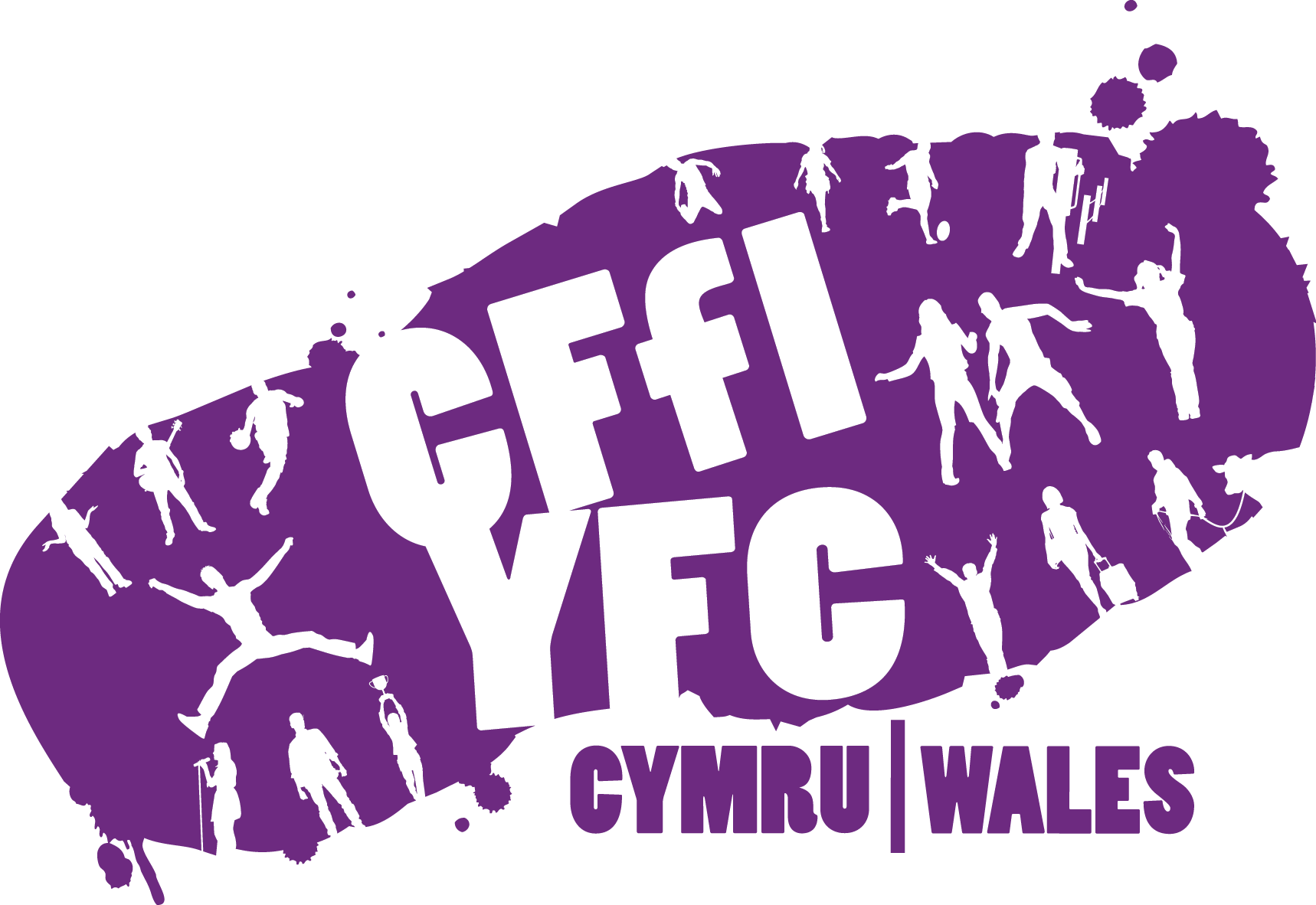 YFC-Brand-Final-4 Purple and white Cffi YFC Cymru Wales logo with silhouettes of people in various poses, featuring a special Young Farmers Discount offer.