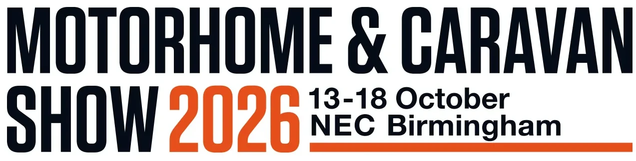 Motorhome & Caravan Show 2026 logo with event dates 13–18 October and NEC Birmingham location in bold black and orange text highlights the premier Caravan Show of the year.
