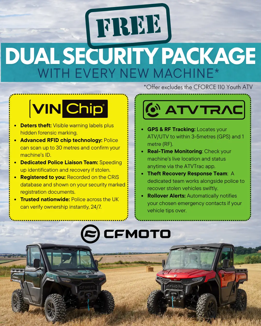 1 Promotional flyer for CFMOTO highlights a free dual security package with new machines, featuring VIN Chip and ATVTRAC tracking for protection and recovery. Two all-terrain vehicles, including the CFORCE TECH GEN 4 Concept, are pictured.