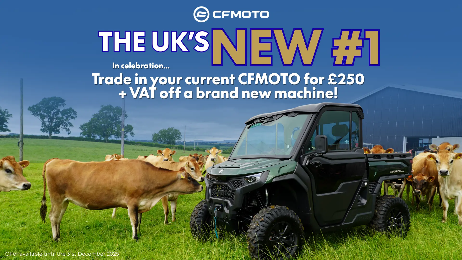 A black CFMOTO utility vehicle is parked in a green field near a herd of brown cows, with a special Trade-In Offer displayed above for customers across the UK.