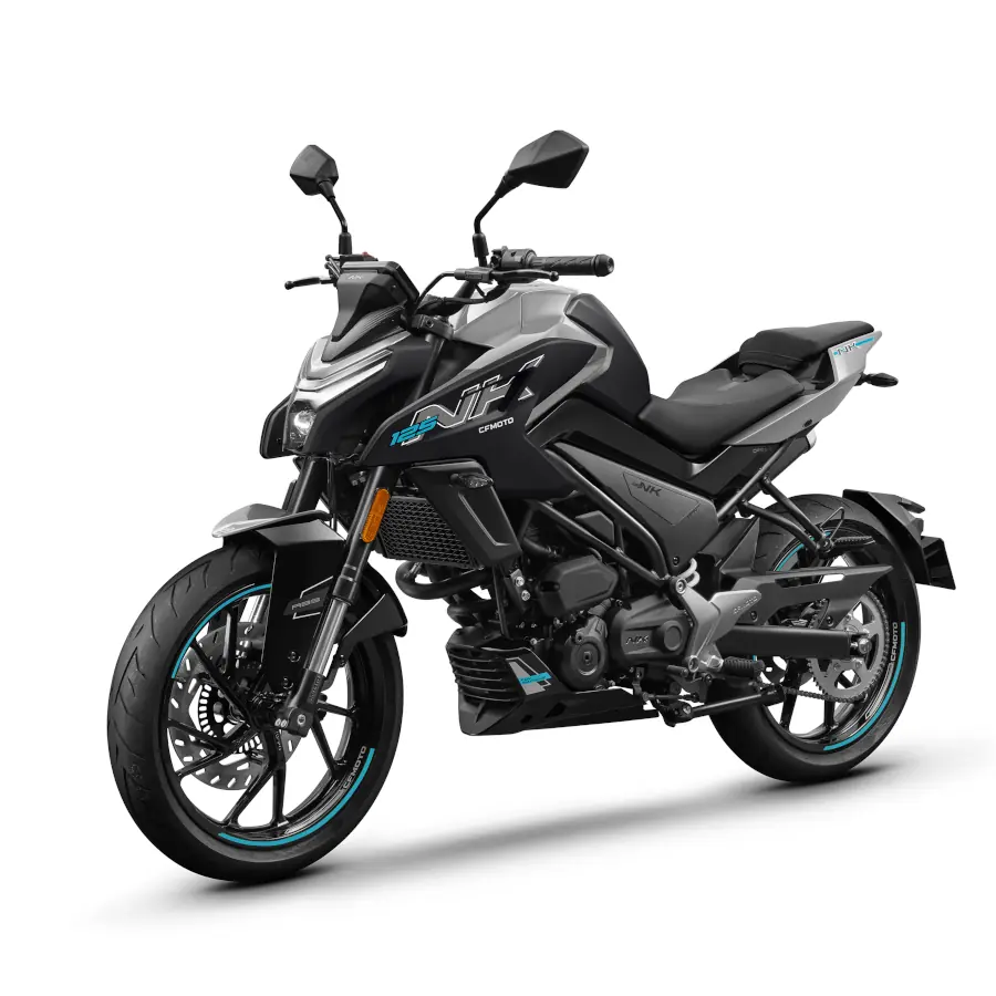 A black and grey 125NK sport motorcycle with teal accents, shown from a front-side angle on a white background.