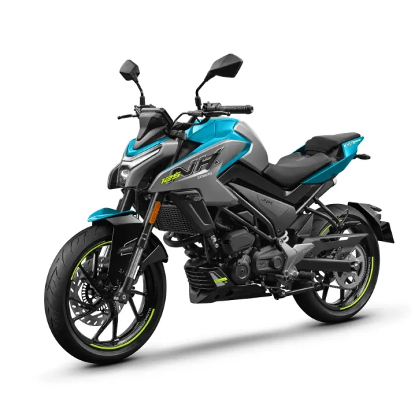 A blue and gray 125nk learner-legal motorcycle with black wheels, neon yellow accents, and angular design features, positioned on a white background.