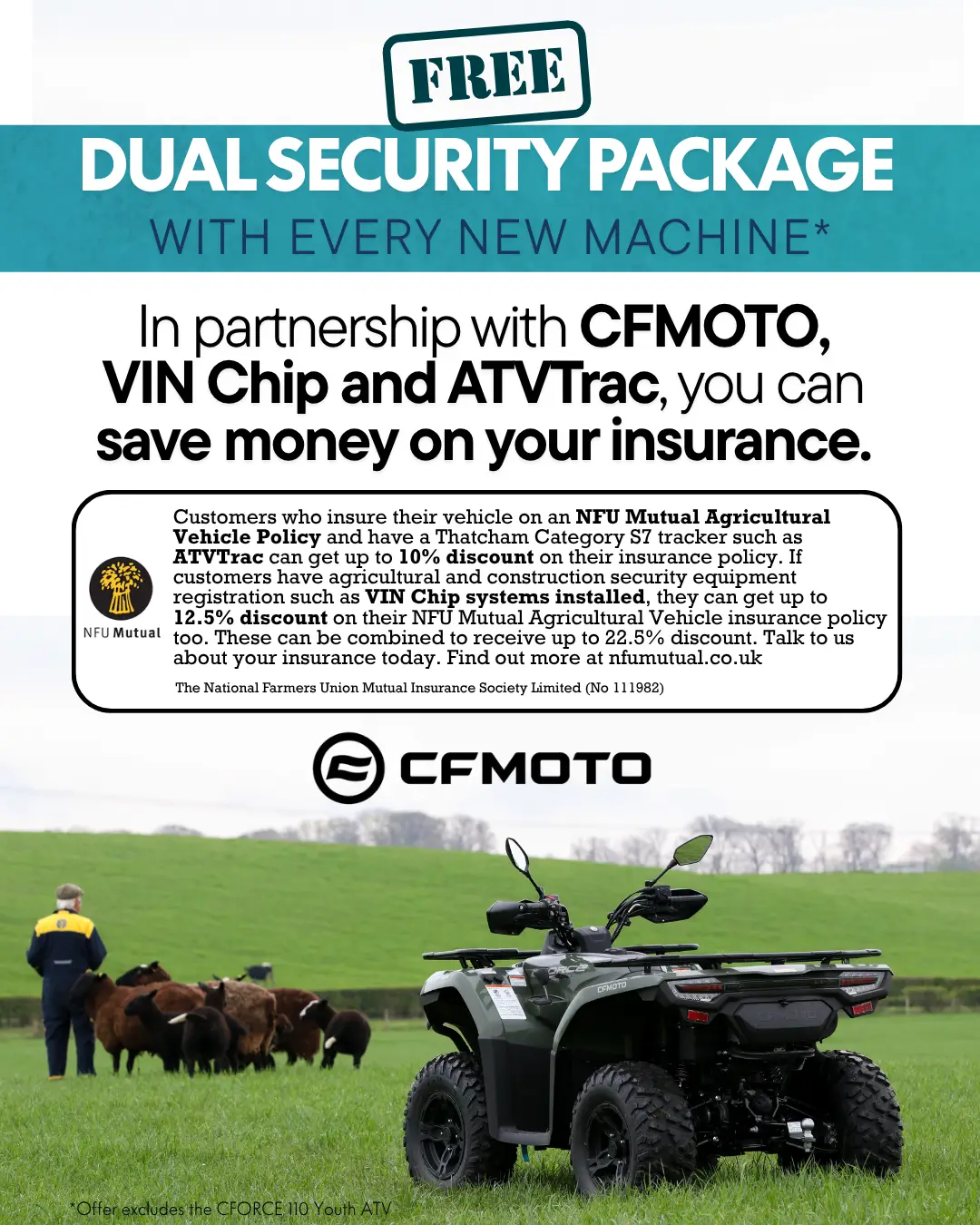 2 A CFMOTO CFORCE TECH GEN 4 Concept ATV is parked on grass with two people and a dog walking in the background. Promotional text about insurance savings is displayed above the ATV.