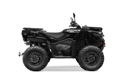 Side view of a black CFMOTO All-Terrain Vehicle (ATV) quad bikes with rugged tires and handlebar mirrors.