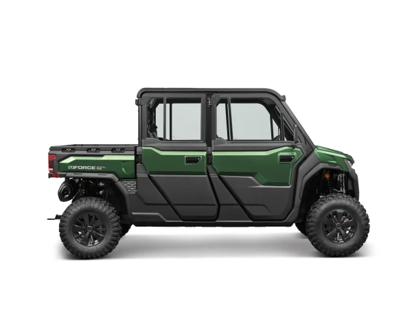 Side view of a green and black four-door utility task vehicle (UTV) with rugged tires, labeled “UFORCE 1000 XL,” against a white background.