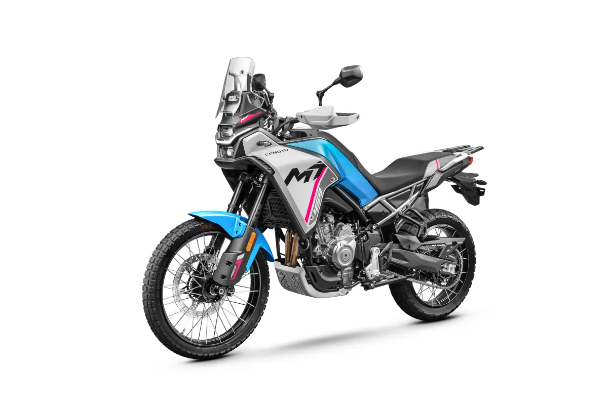 A blue and black 450MT adventure motorcycle with off-road tires, tall windscreen, and upright handlebars, shown on a white background.