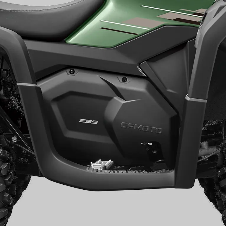 625 engine Close-up view of the side panel of a green CF MOTO cforce 625 basic ATV, showing the "EBS" marking and rugged textured components.