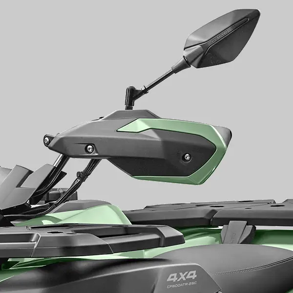 625 hand guard Close-up of a green and black cforce 625 basic ATV mirror and handlebar against a plain gray background. The "4x4" logo is visible on the vehicle body.