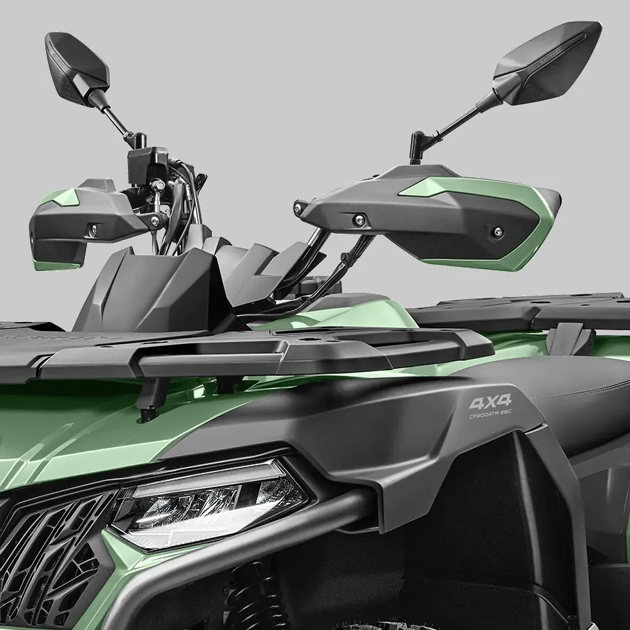 625 steering Close-up view of a green CForce 625 Basic 4x4 off-road ATV showing the front headlight, side mirrors, and part of the handlebars against a plain gray background.