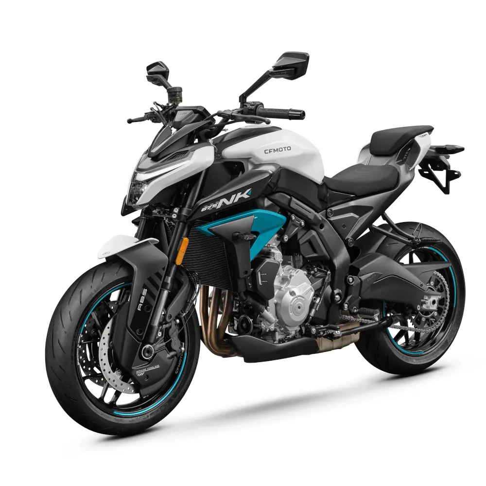 A white and black CFMOTO 800NK motorcycle, part of the dynamic cfmoto motorcycles lineup, is shown on a plain white background, viewed from the right side.