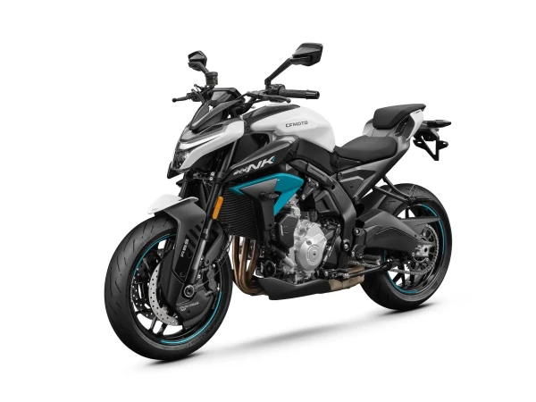 675NK_Glacier White_Left 45 A modern white and black 125NK sport motorcycle with blue accents is shown on a white background, viewed from a front-side angle.