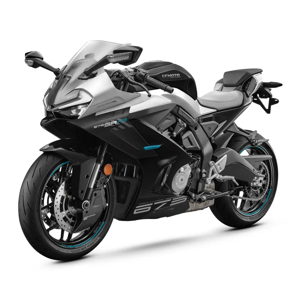 A modern black and silver CFMoto sport motorcycle with aerodynamic design, disc brakes, and visible branding on the fuel tank and fairings.