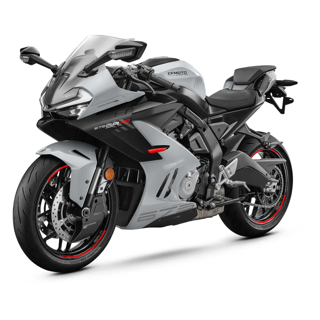 A silver CFMOTO 675SR-R sport motorcycle with aerodynamic fairings, disc brakes, and red accents on black alloy wheels, shown on a white background.