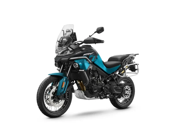A blue 800MT-X adventure motorbike with upright handlebars, a tall windscreen, spoked wheels, and a side luggage rack is displayed on a white background.