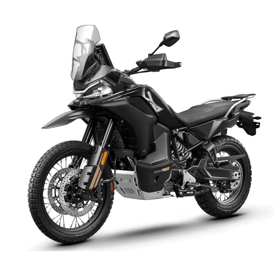 Black adventure motorcycle from CFMOTO Motorcycles with dual-sport tires, tall windscreen, handguards, and skid plate, shown on a white background.