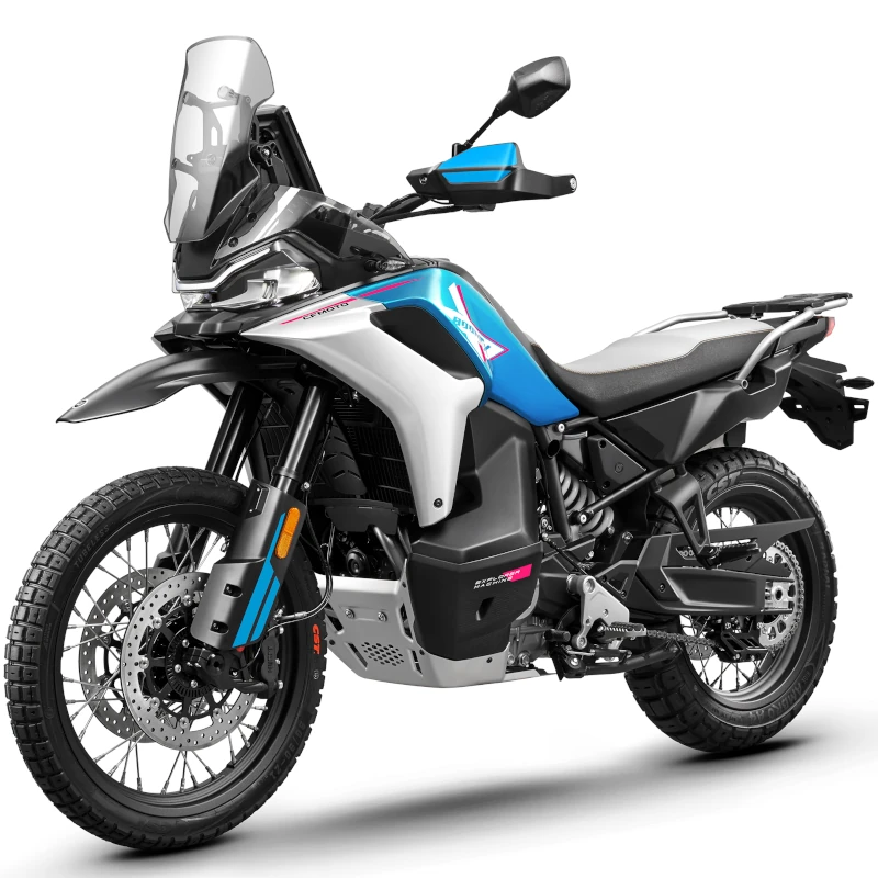 A modern 800MT-X adventure motorcycle with blue, white, and black accents, featuring a high windshield, knobby tires, and a sturdy frame, viewed from a front-side angle.