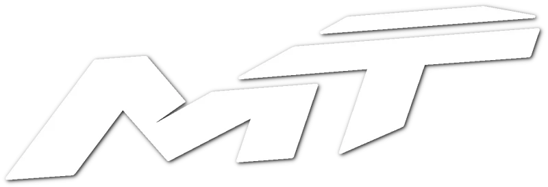 White stylized letters "MT" on a black background, with the right side of the "T" extending diagonally upward, inspired by the bold design language of the 800MT-X.