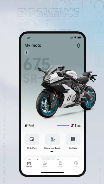 Smartphone screen displaying the CFMOTO T-Box motorcycle app interface with a sport bike image, fuel level, 311 km range, and navigation icons for MotoPlay, Historical Track, and Settings.