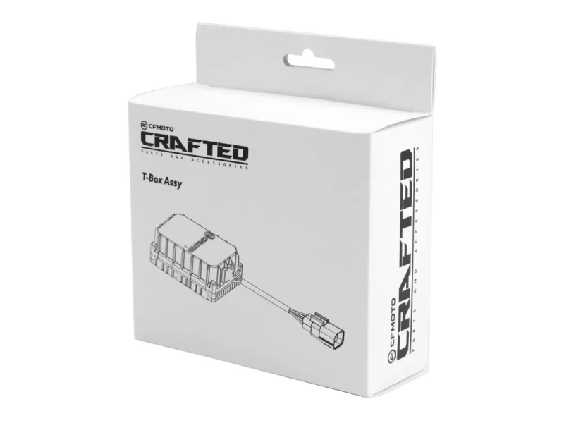 White product box labeled "CFMOTO CRAFTED T-Box Assy" features a black line drawing of the CFMOTO T-Box electronic device and connector on the front.