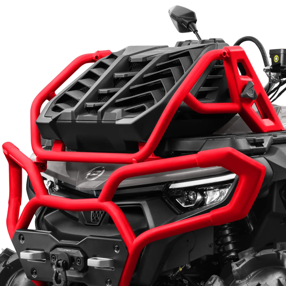 Front view of a CFORCE 1000 MV all-terrain vehicle (ATV) featuring a red protective bumper and a black storage box mounted on the front rack.