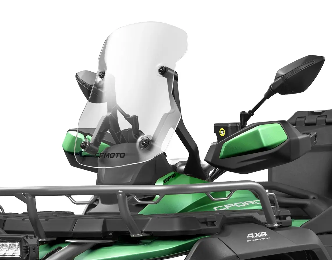 The green CF Moto 4x4 ATV, complete with a clear windshield and side mirrors, is also available in the CForce 1000 Touring Premium edition.