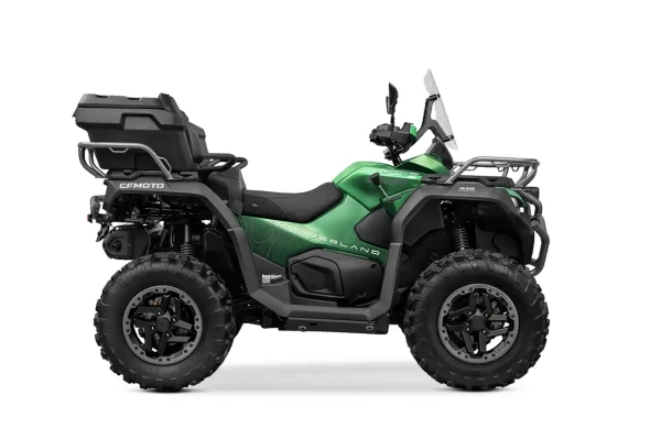 A green four-wheeled CForce 1000 Touring Premium ATV with cargo racks, large tires, and a windshield, shown in profile view.