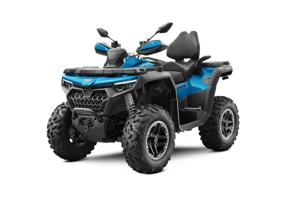 CFORCE 1000 TOURING_Royal Blue_Left45_premium Blue and black all-terrain vehicle (ATV) with large rugged tyres, front grille, wing mirrors, and a passenger seat, viewed from the front left angle.