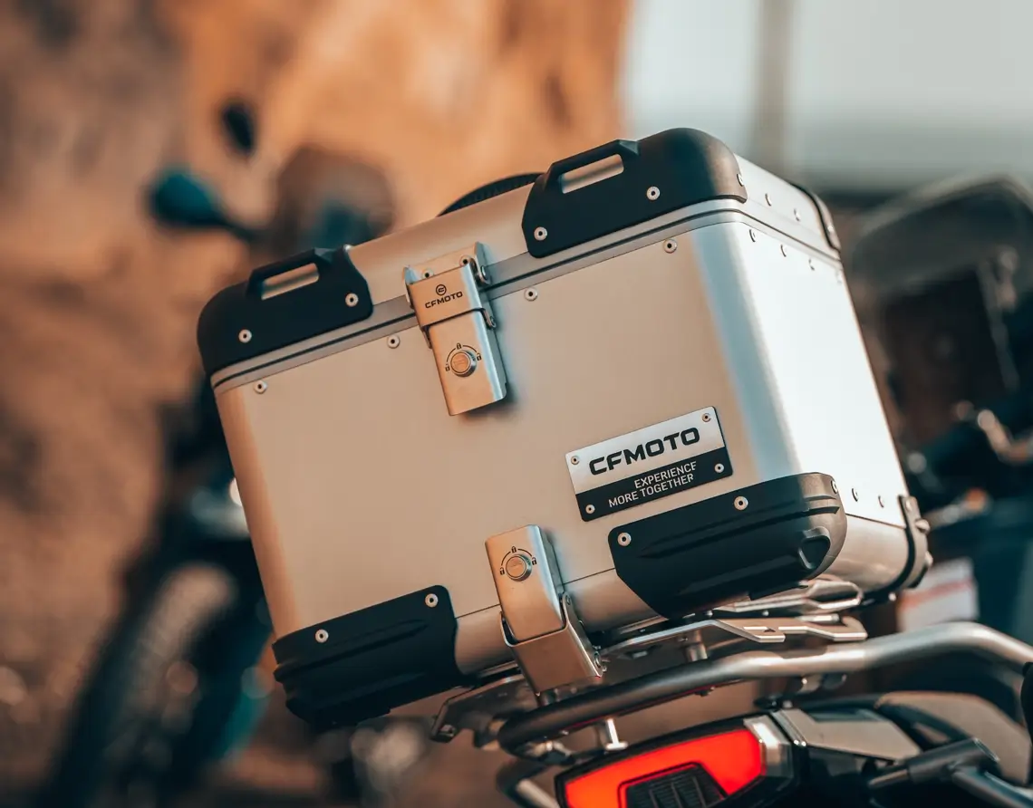 A close-up of a silver CF MOTO 800MT-X motorcycle top case mounted on the rear of a bike, with a blurred outdoor background.