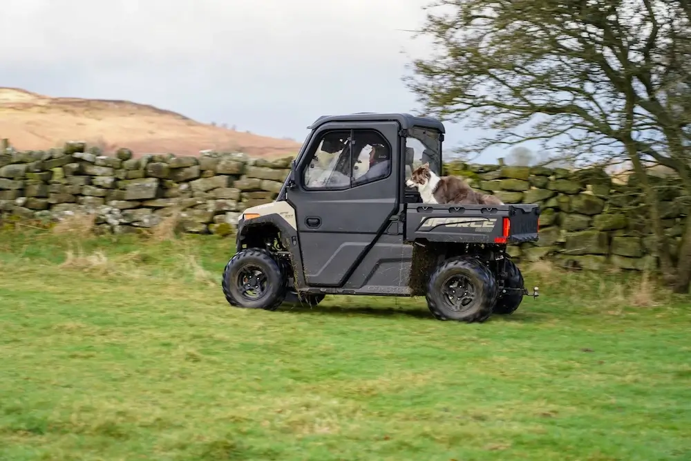 A utility vehicle, fresh from ATV maintenance, drives across grassy terrain with a dog sitting in the cargo bed; a stone wall and trees are in the background.