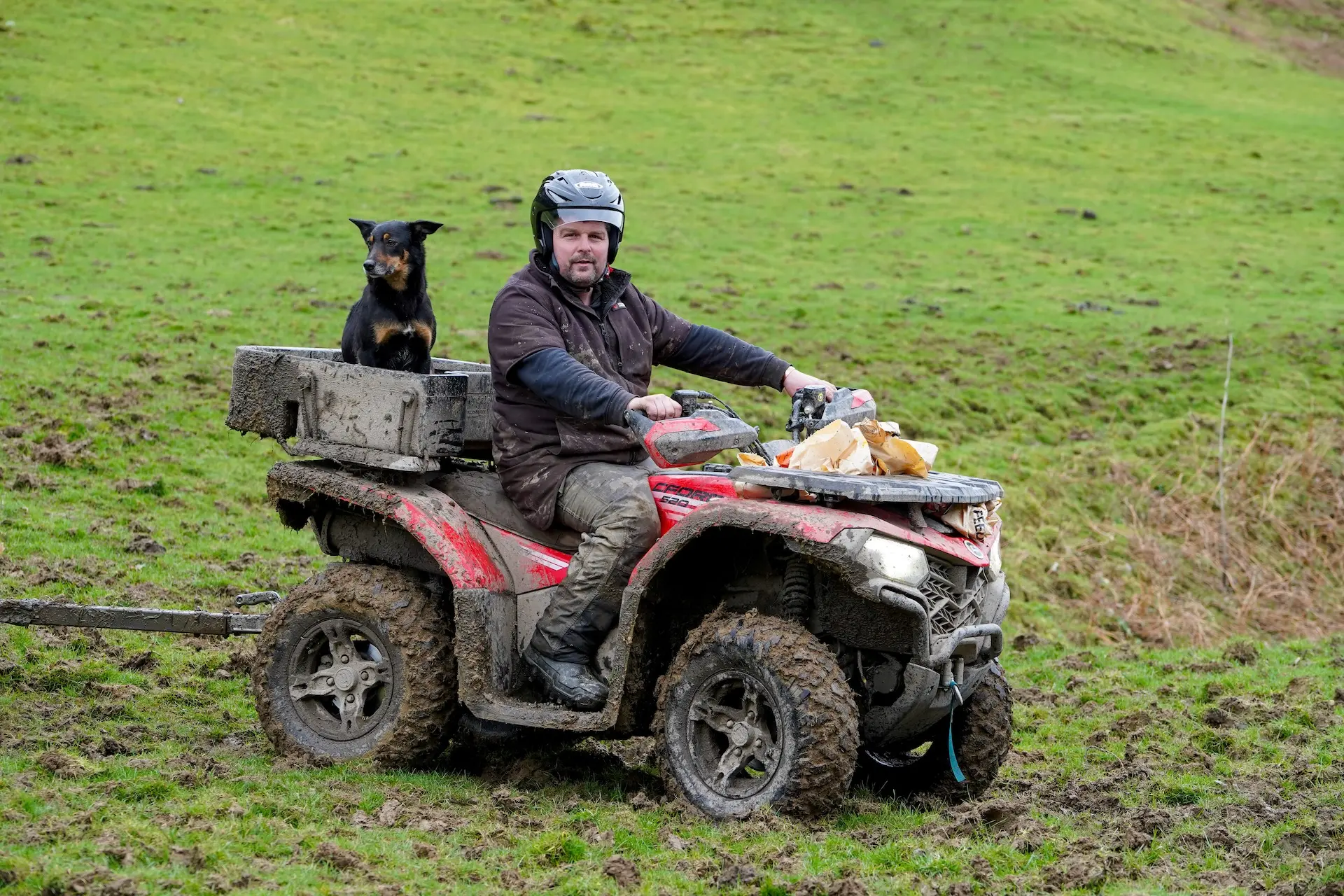 A man in muddy work clothes rides a CFMOTO quad bike across a grassy field, with a black and tan dog sitting in the rear cargo box, showcasing the rugged reliability and second-hand value of these vehicles.