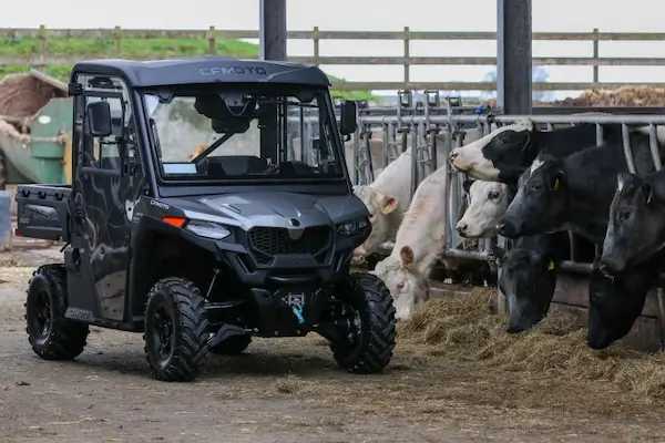 A black utility vehicle is parked in a barn next to a row of cows eating hay from a feeding trough, making you wonder—is an ATV worth it for daily farm chores?.