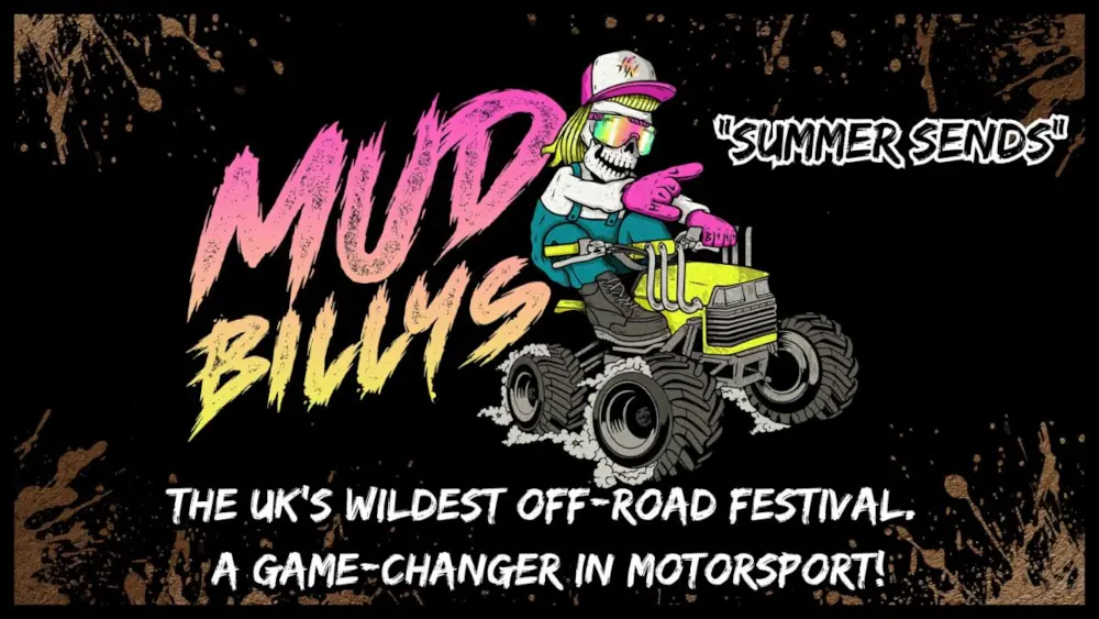 Cartoon character on a quad bike with text: "Mud Billys 'Summer Sends'—The UK's wildest off-road festival, a game-changer in motorsport!.