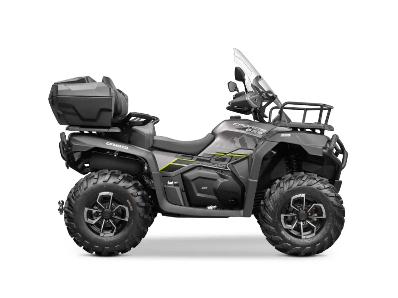 Side view of a black CFORCE 625 TOURING OVERLAND, boasting large tires, a sturdy windshield, and ample rear storage for adventure.