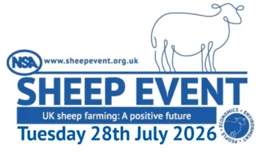 NSA Sheep Event logo with a line drawing of a sheep, event details, and the date: Tuesday 28 July 2026. Website and tagline "UK sheep farming: A positive future" included—perfect for Game Fair enthusiasts.