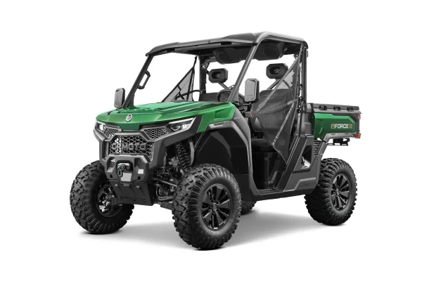 A green and black UFORCE U10 PRO AGRI off-road utility vehicle with rugged tires, two seats, a roll cage, and a rear cargo bed marked “UFORCE.”.