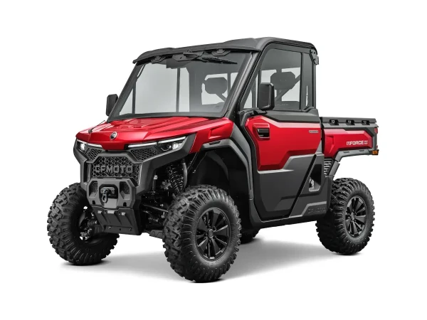 A red CFMOTO UFORCE U10 PRO HIGHLAND side-by-side utility vehicle with black trim and off-road tires, viewed from the front left angle.