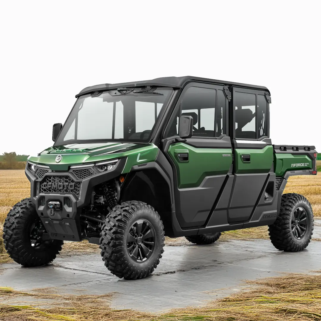 U10 XL PRO HIGHLAND_Forest Green_Left45 A green and black four-door UFORCE U10 PRO Can-Am off-road utility vehicle is parked on a flat surface in a field.