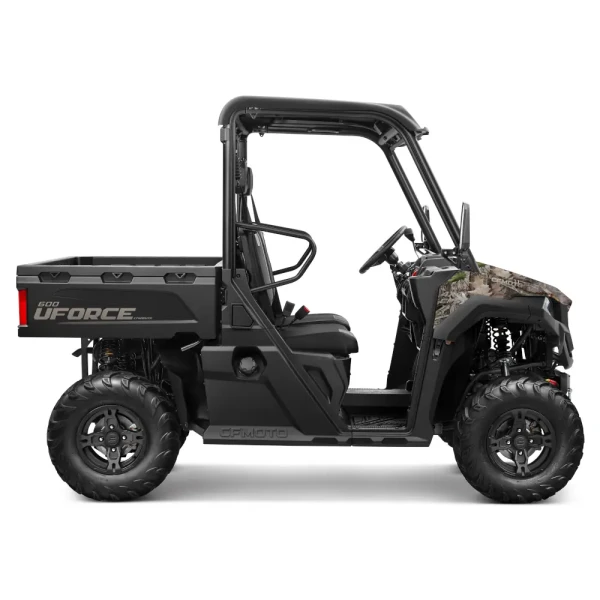 Side view of an affordable UTV: a black CF Moto UForce 600 utility vehicle with two seats and an open cargo bed.