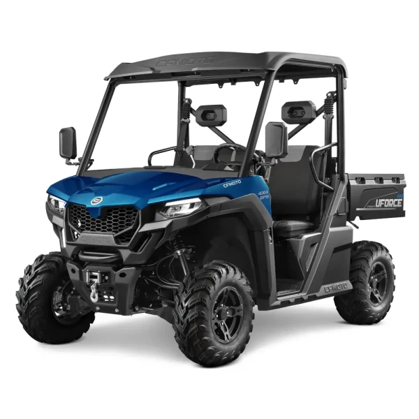 A blue and black UFORCE 600 side-by-side utility vehicle with large off-road tires, a roof, open sides, and a rear cargo bed labeled "UFORCE.