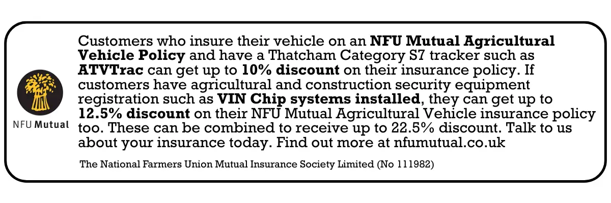 A promotional notice from NFU Mutual outlines vehicle insurance discounts for customers with ATVTrac trackers, VIN Chip systems, or owning a CFMOTO CFORCE TECH GEN 4 Concept, mentioning up to 12.5% discount and contact information.