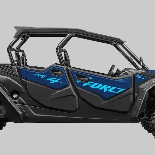 Side view of a black and blue ZFORCE 950 Sport 4 off-road utility vehicle with "Sport" and "Force" graphics on the doors, set against a plain gray background.