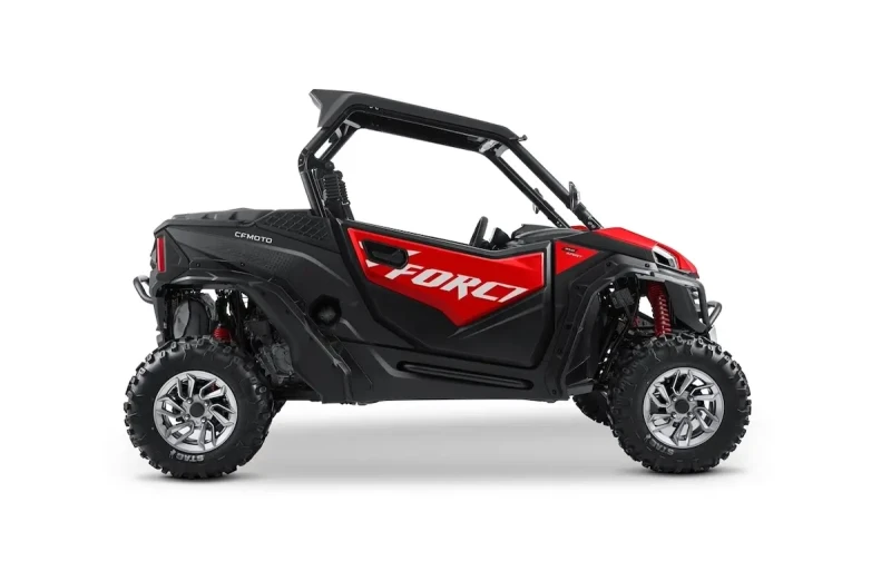 A red and black ZFORCE 950 Sport off-road side-by-side utility vehicle with large rugged tires is shown in a profile view against a white background.