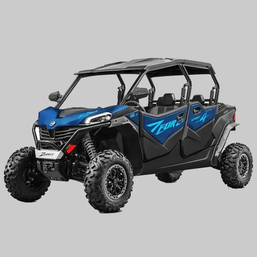 A blue and black zforce 950 sport 4 four-seater off-road utility vehicle with rugged tires and an open cabin, shown on a gray background.
